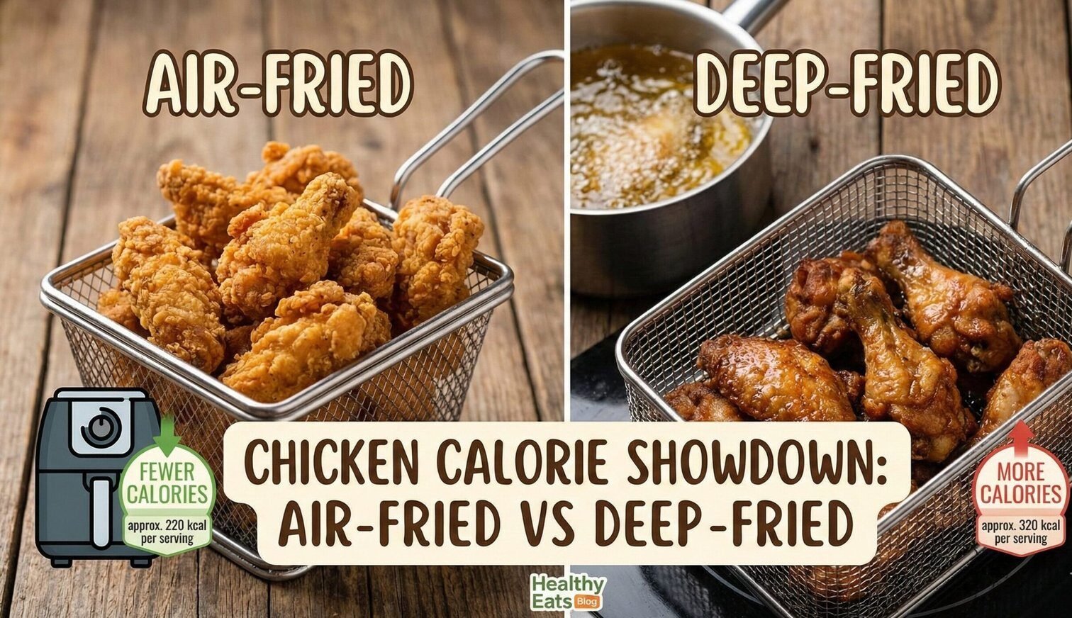 Crispy golden air fried chicken wings next to oil deep fryer