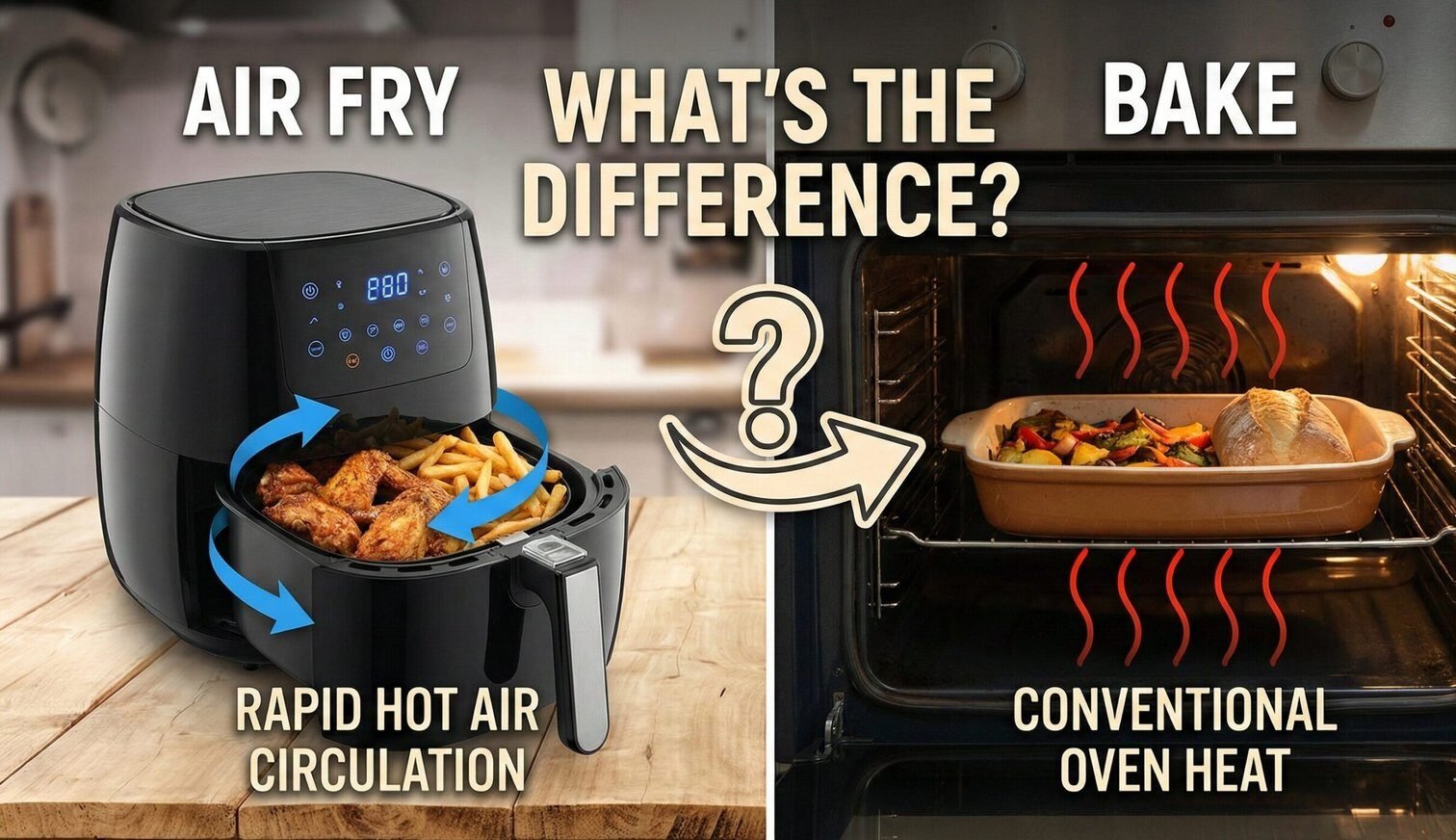 Side by side comparison of a convection air fryer basket and a traditional oven baking sheet