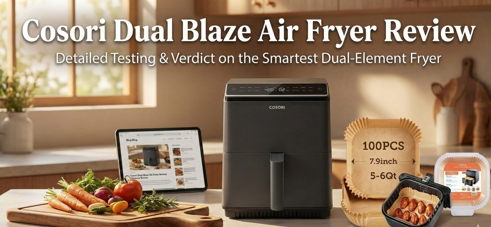 Cosori Dual Blaze Air Fryer on a modern kitchen counter