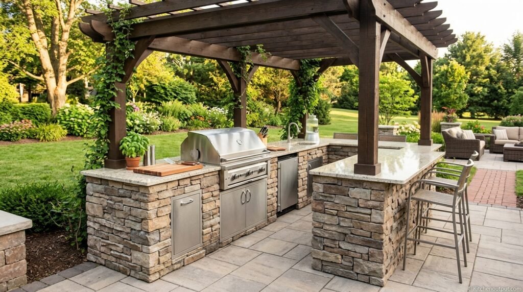 A fully built outdoor summer kitchen with a stone countertop, built-in grill, and pergola shade structure