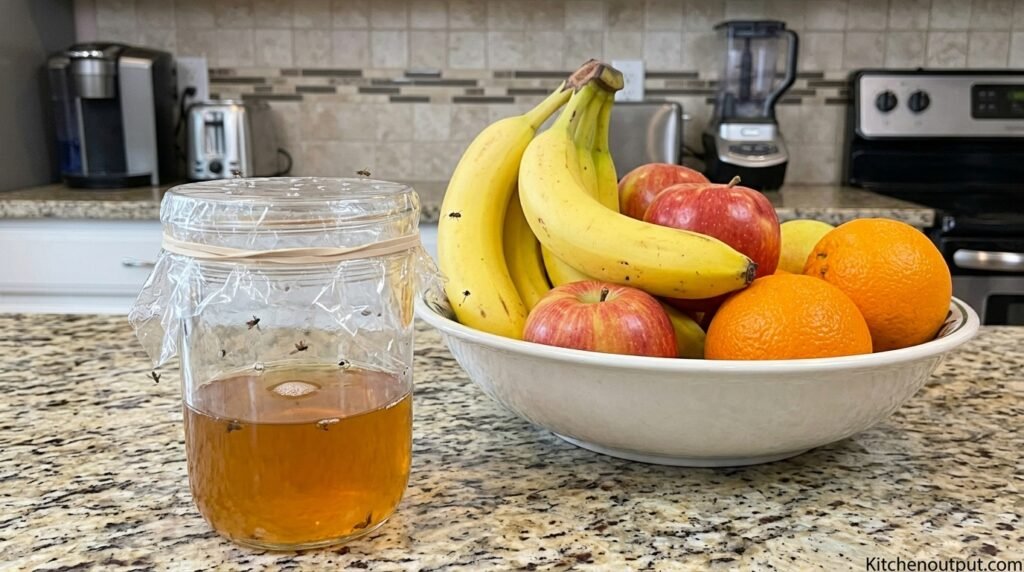 A homemade apple cider vinegar fruit fly trap sitting on a kitchen counter next to a fruit bowl