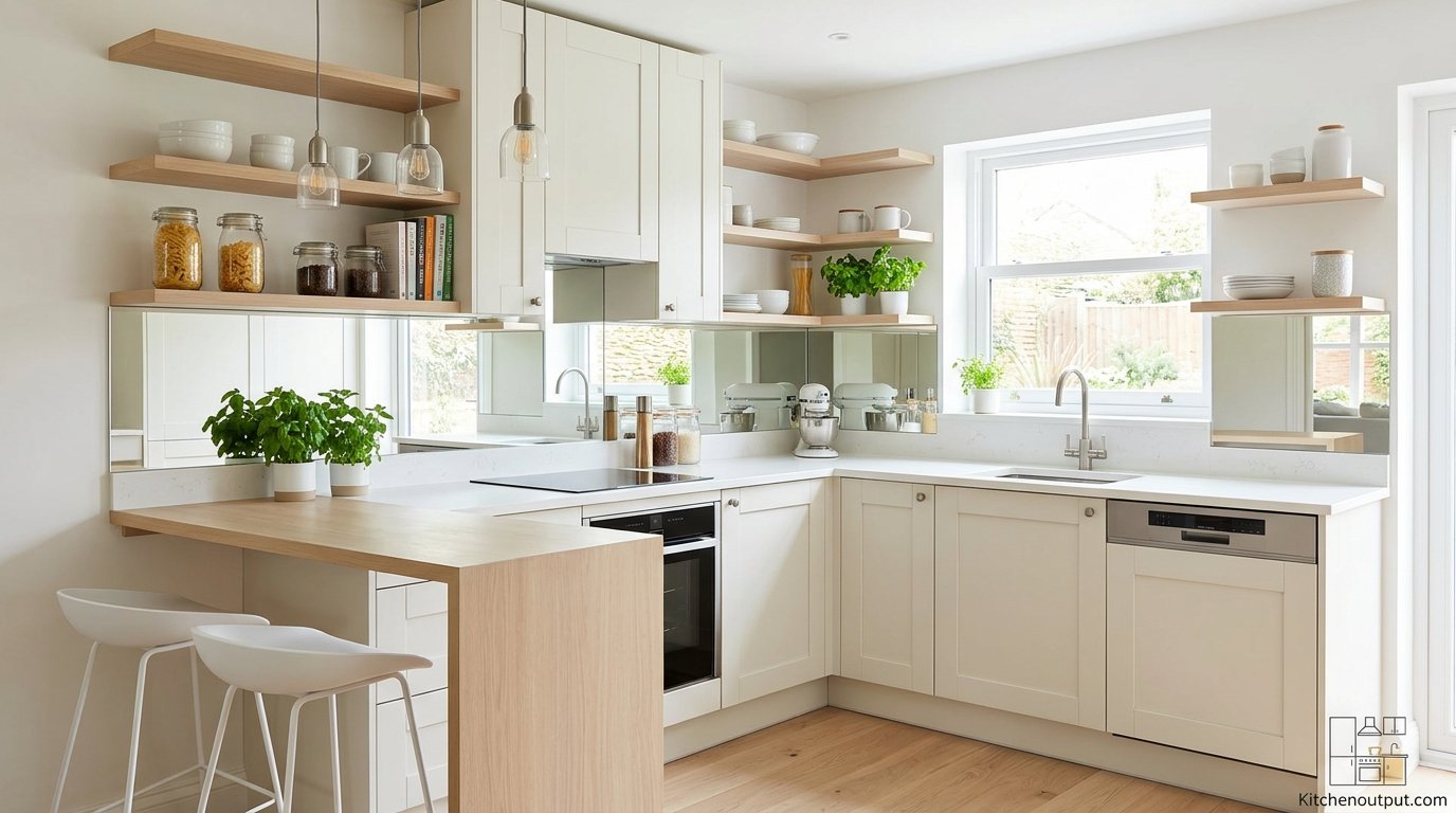 Bright small kitchen with light cabinets, open shelving, and a mirrored backsplash making the space feel larger