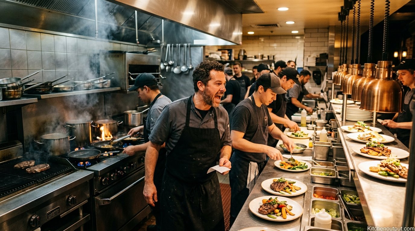 Busy restaurant kitchen line during dinner service with cooks calling out orders
