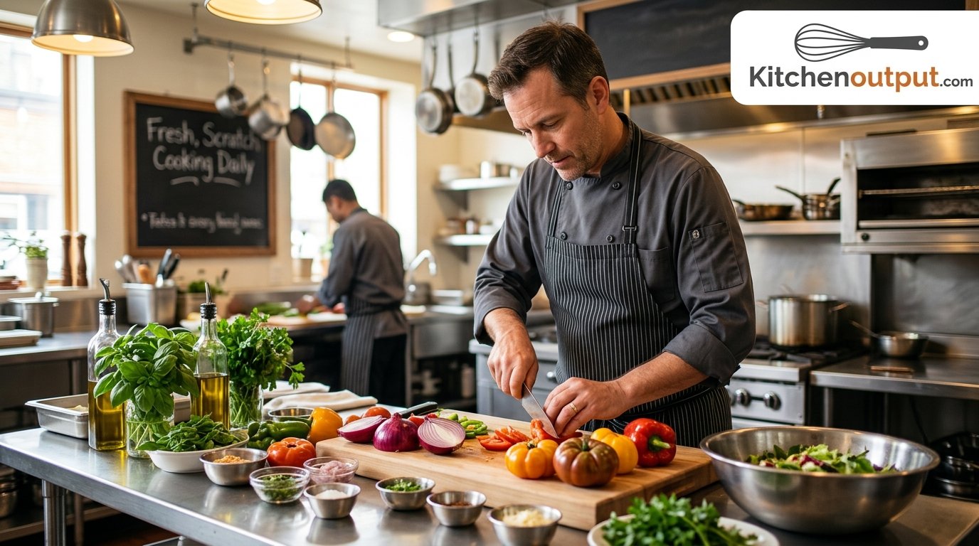 Chef preparing fresh ingredients in a scratch kitchen