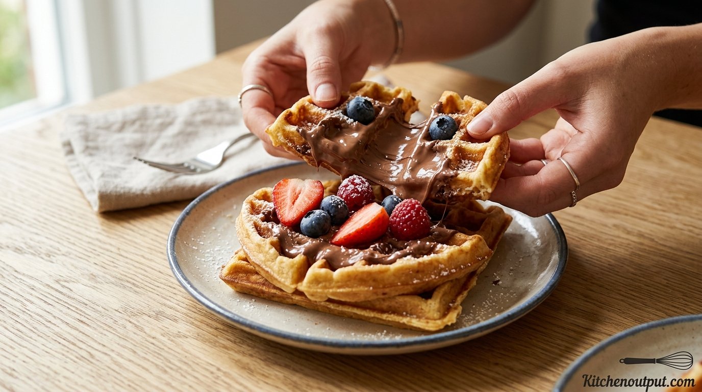 Close-up of Nutella waffle squares being pulled apart with melted chocolate and fruit toppings