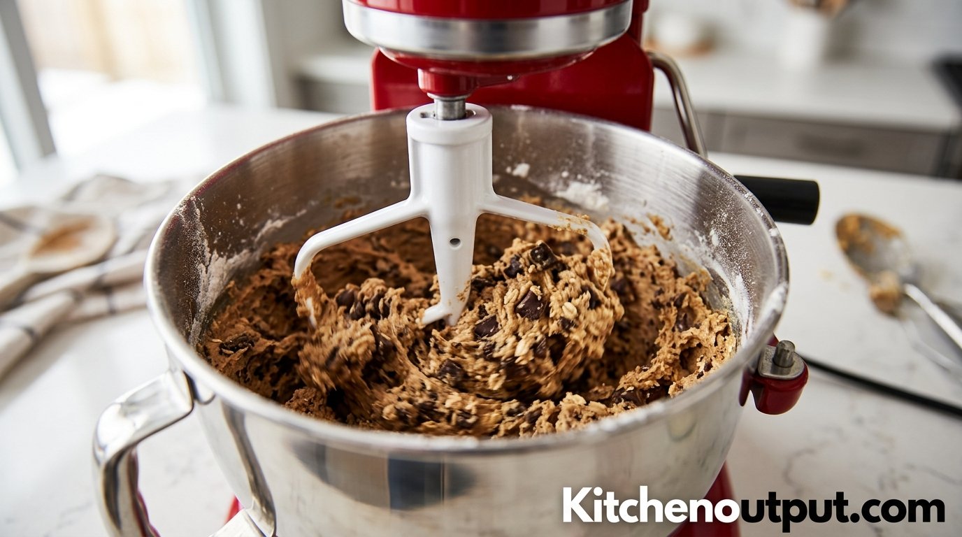 Close-up of a KitchenAid flat beater attachment mixing cookie dough in a stainless steel bowl