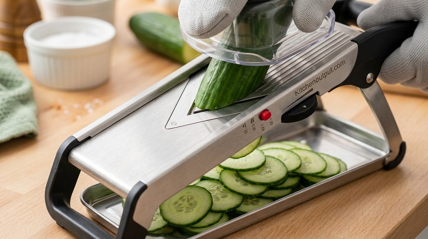 Close up of a V-blade mandoline slicing a cucumber into thin even rounds
