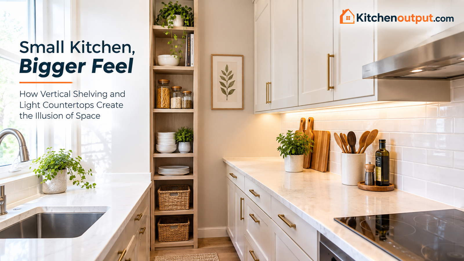 Close-up of a compact kitchen corner using vertical shelving and light-colored countertops to create the illusion of space
