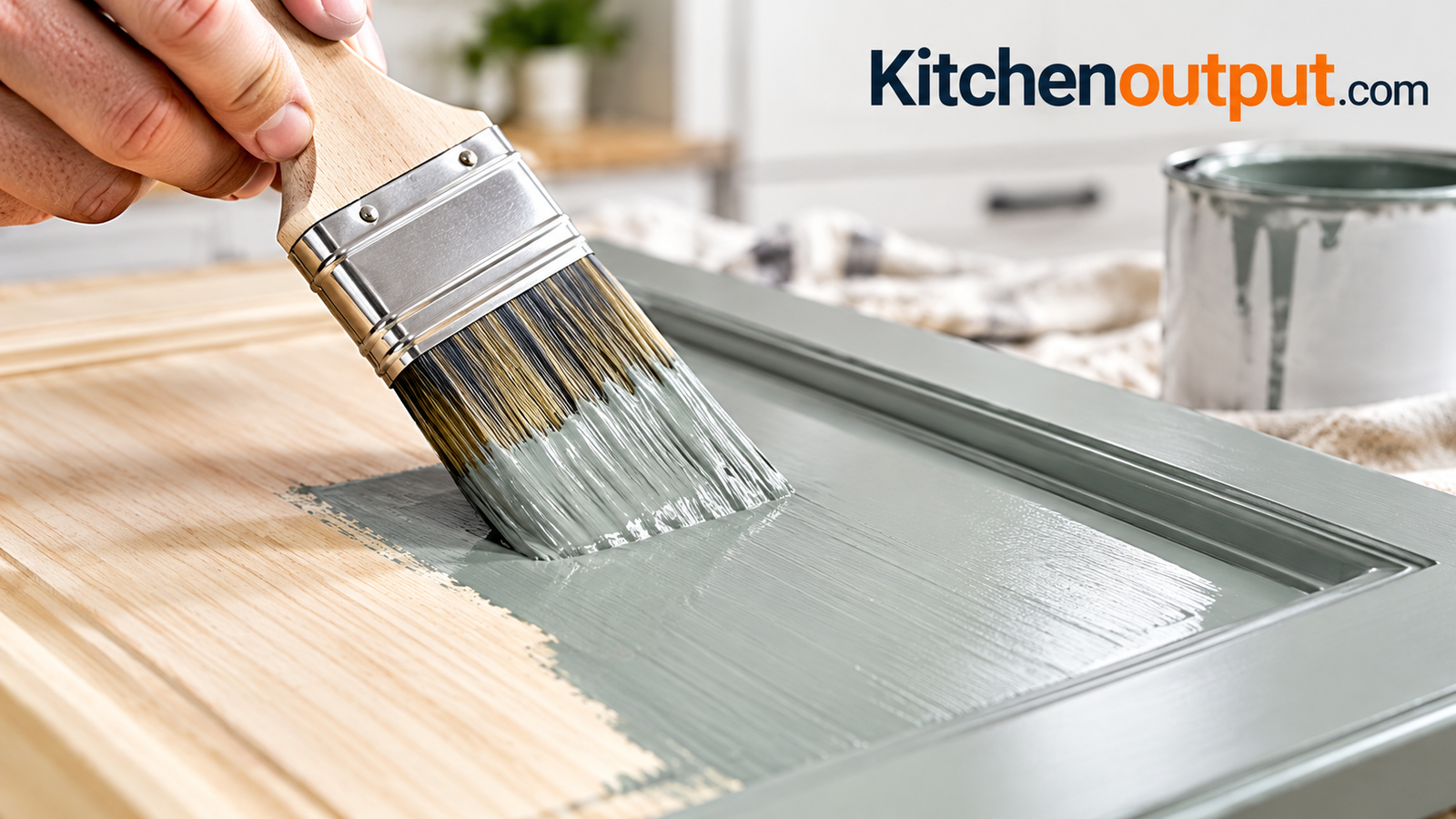 Close-up of a paintbrush applying cabinet paint to a wood panel