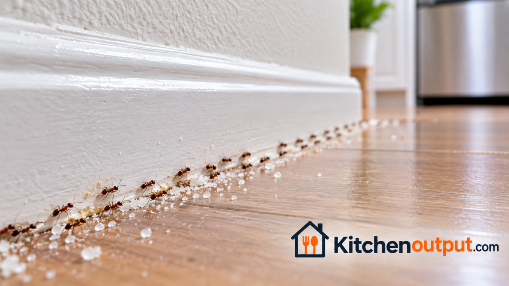 Close-up of a sugar ant trail along a kitchen baseboard