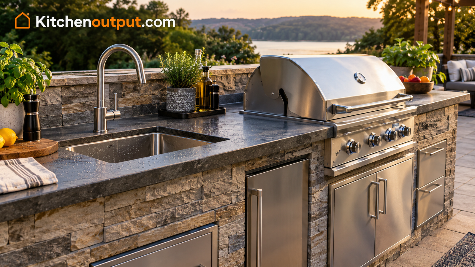 Close-up of a weatherproof outdoor kitchen counter with a built-in sink and grill station