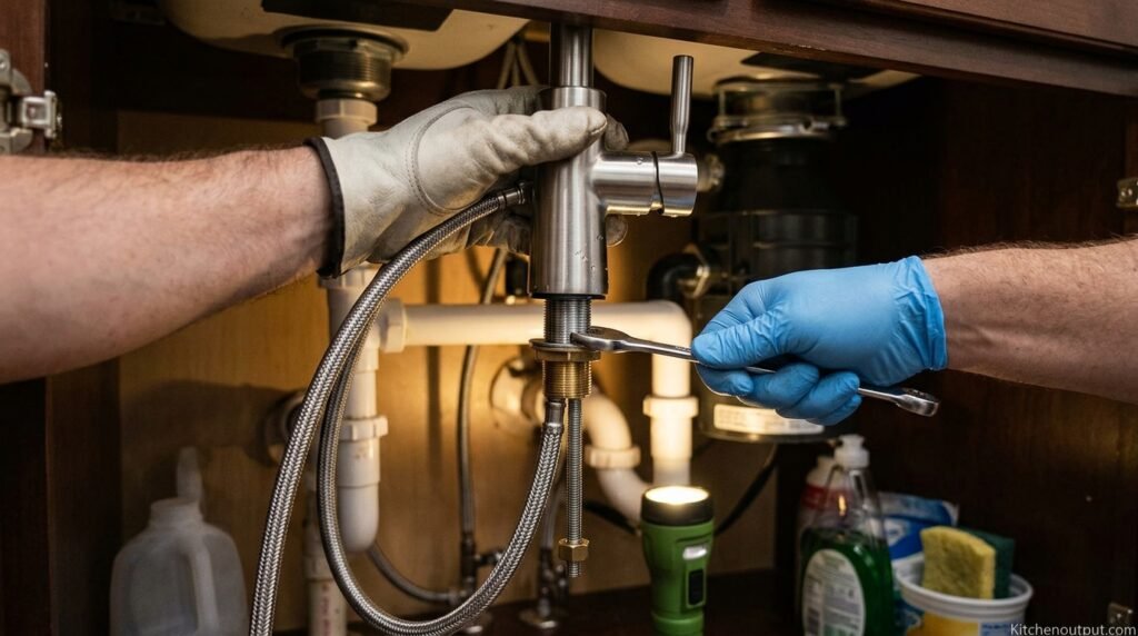 Close-up of hands installing a faucet under a kitchen sink