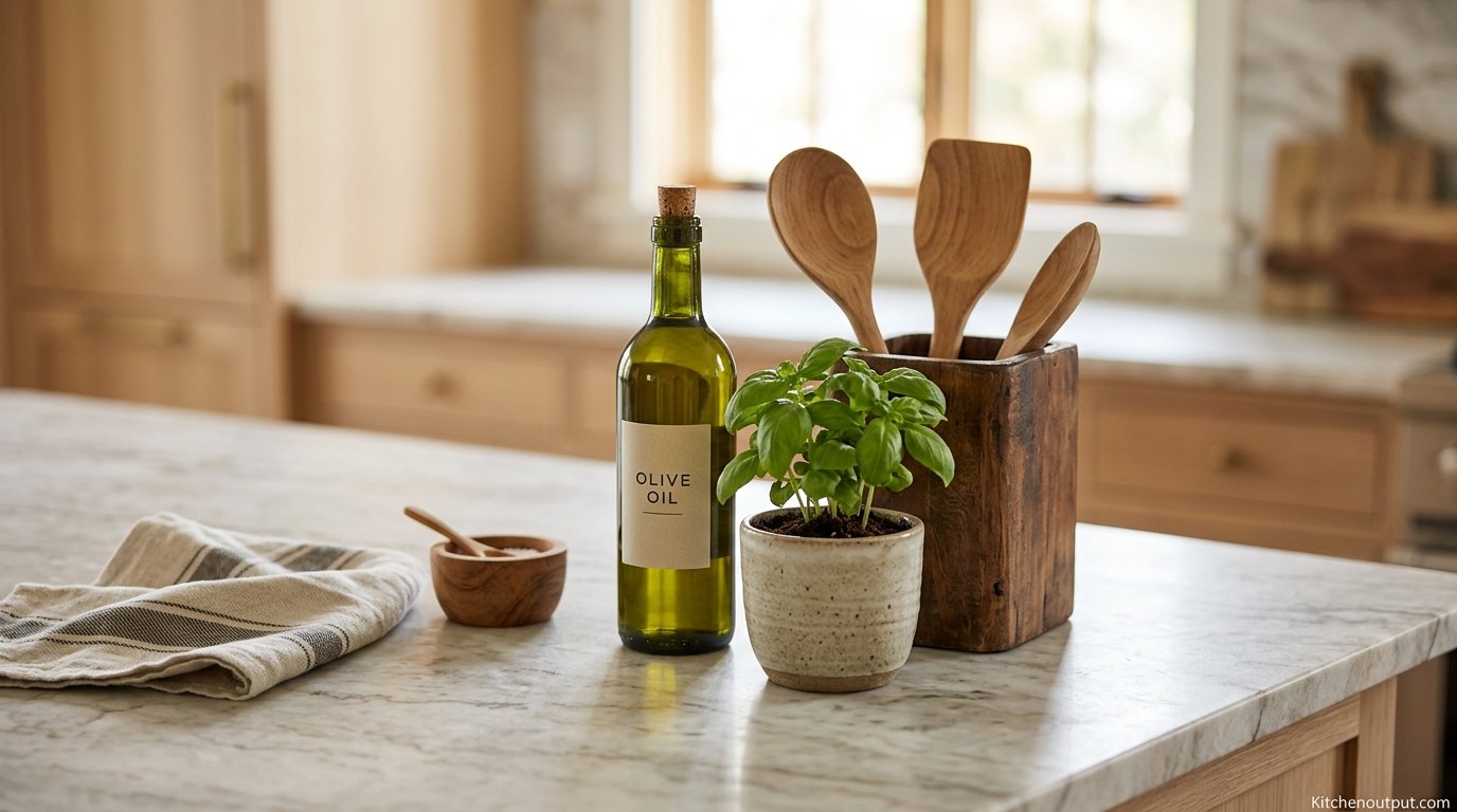 Close up of kitchen counter styled with olive oil bottle, wooden spoons, and a small plant
