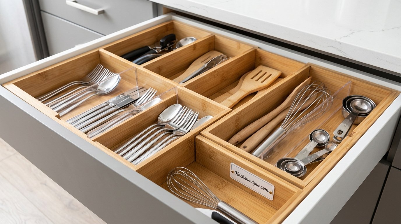 Close up of neatly organized kitchen drawer with dividers