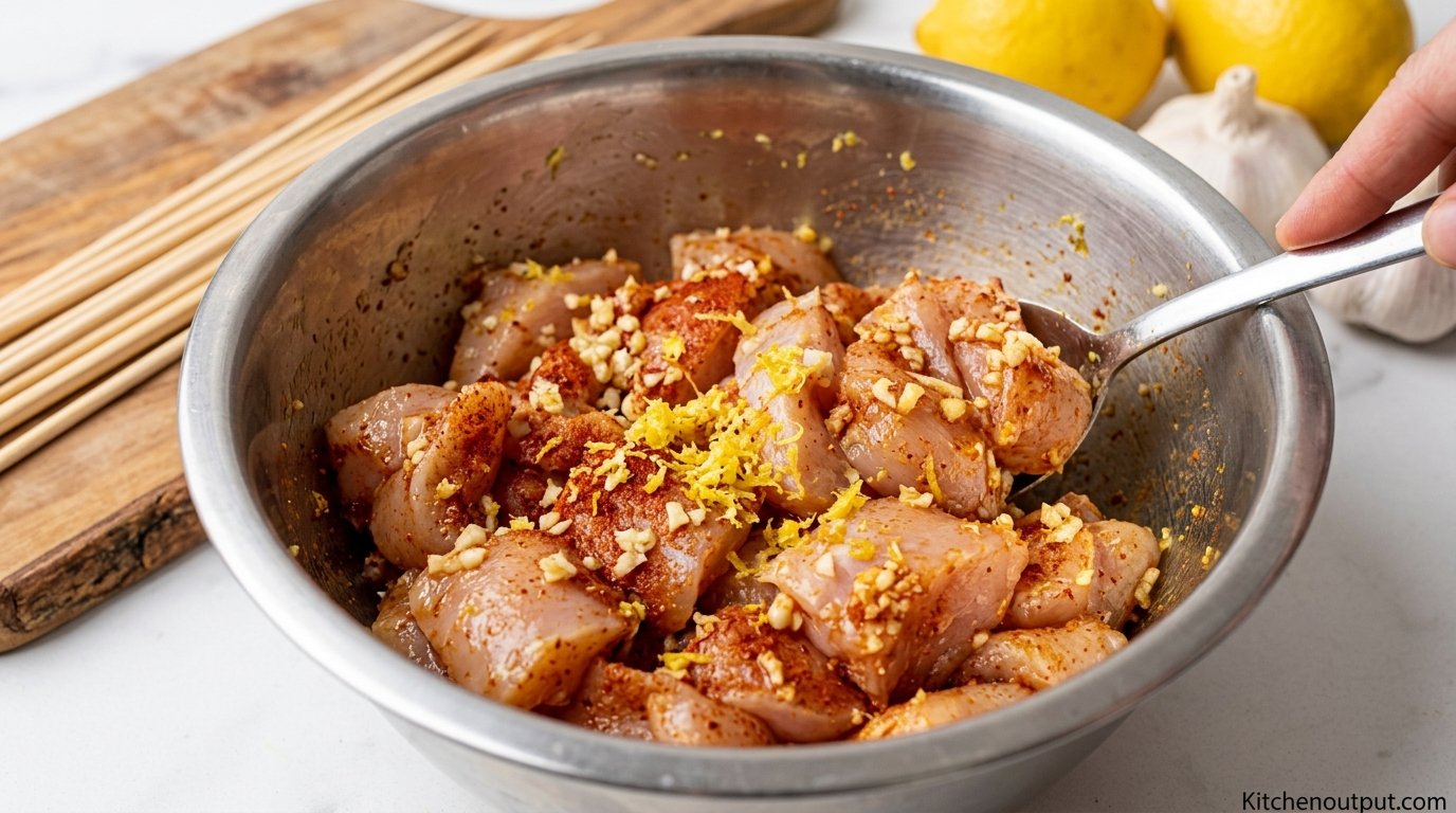 Close-up of raw chicken chunks tossed in garlic, paprika, and lemon zest before skewering