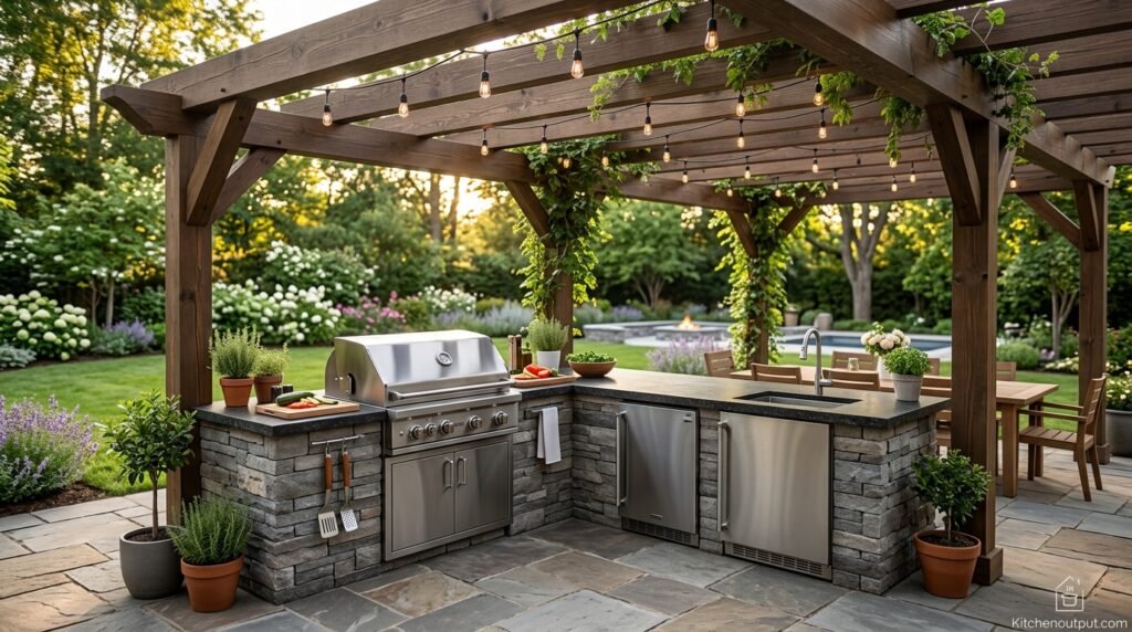 Finished outdoor kitchen with built-in grill, stone counters, and pergola shade structure