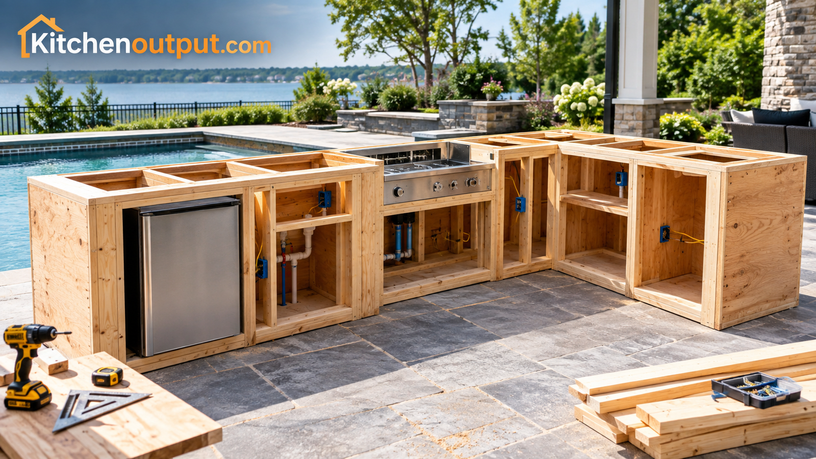 Framed outdoor kitchen island under construction before countertop installation