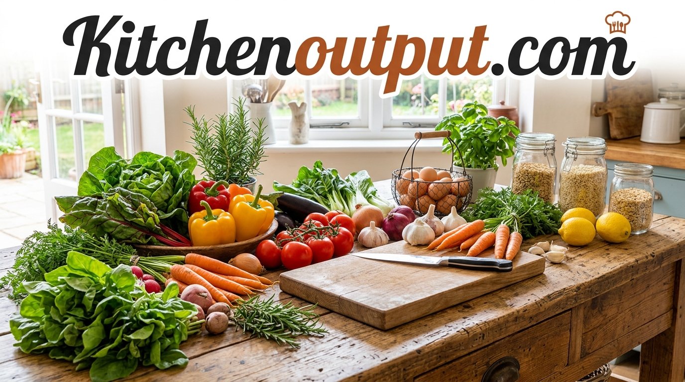 Fresh vegetables and raw ingredients laid out on a wooden countertop