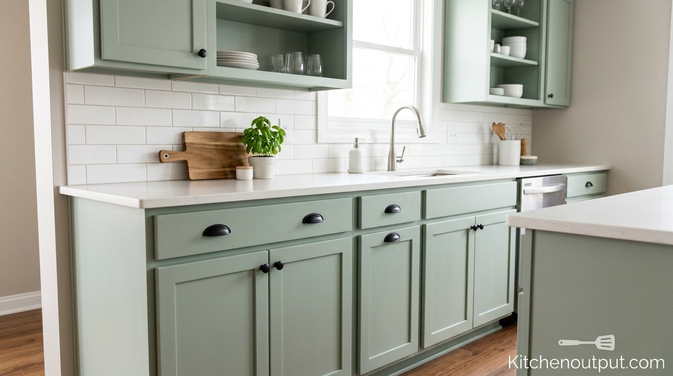 Freshly painted kitchen cabinets in a soft sage green finish