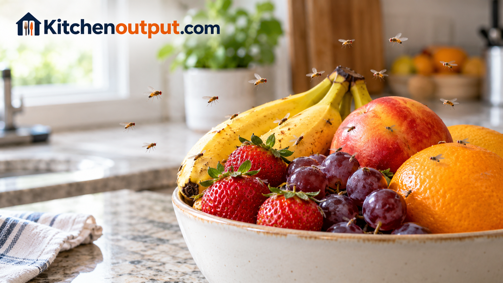 Fruit flies hovering over a bowl of ripe fruit on a kitchen counter
