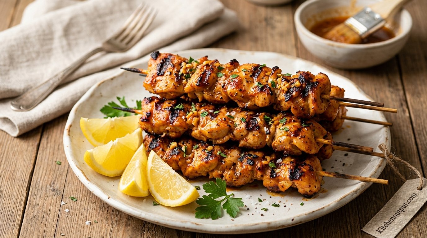 Golden-charred garlic-paprika butter chicken skewers stacked on a plate with lemon wedges