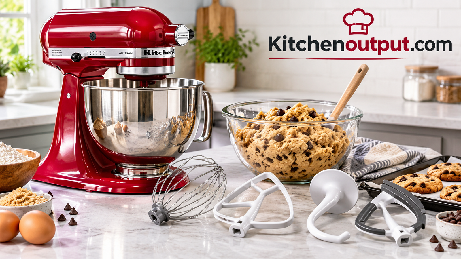 KitchenAid stand mixer with attachments laid out beside a bowl of cookie dough
