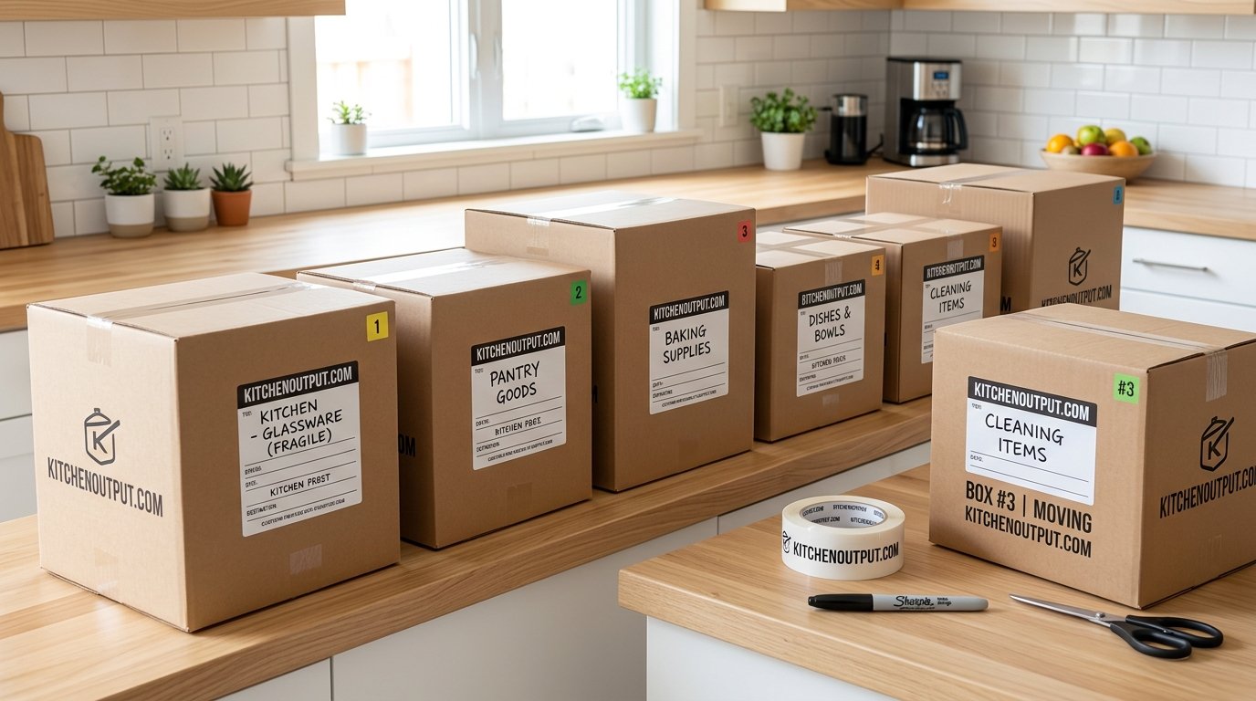 Labeled moving boxes lined up on a kitchen counter