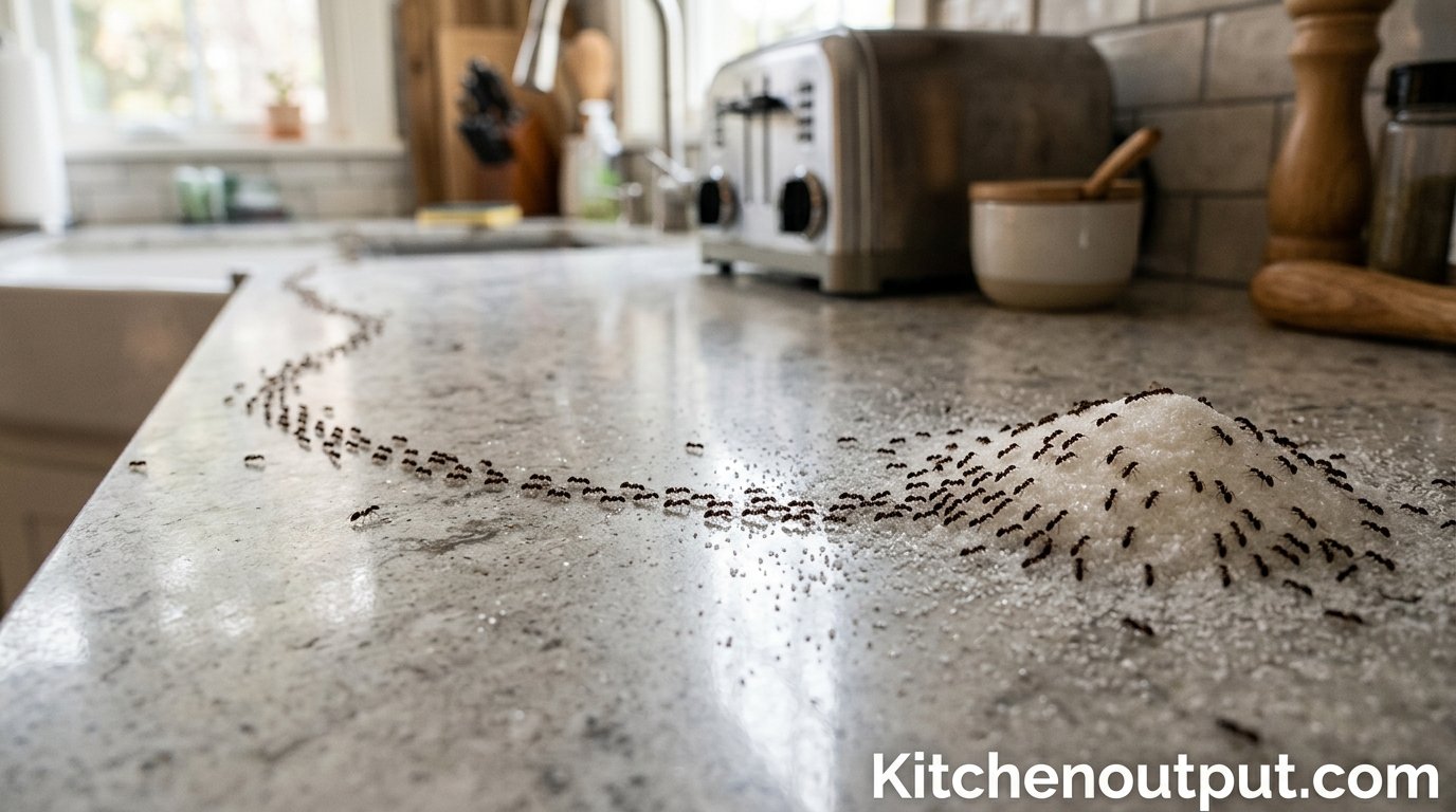 Line of sugar ants crossing a kitchen countertop toward a sugar spill