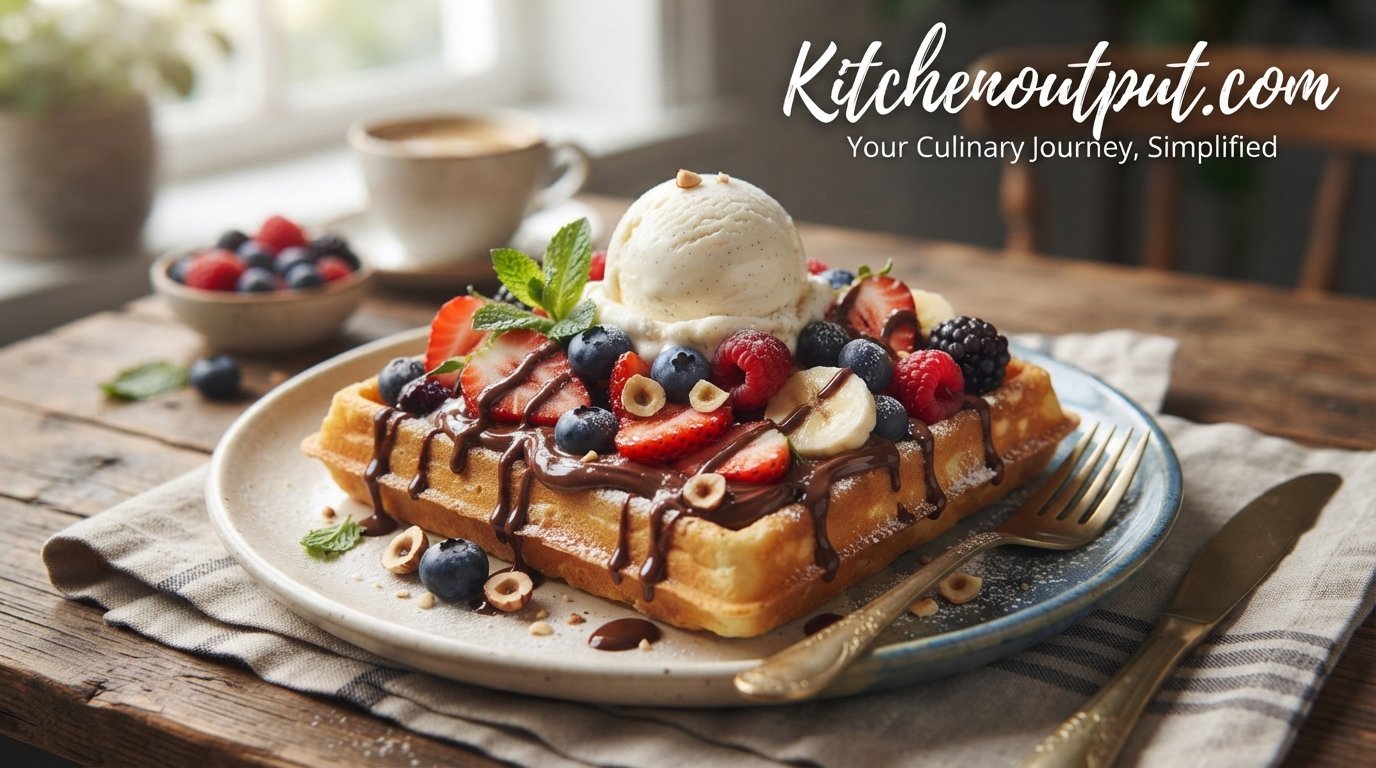 Loaded Nutella fruit waffle topped with ice cream, fresh fruit, and chocolate drizzle