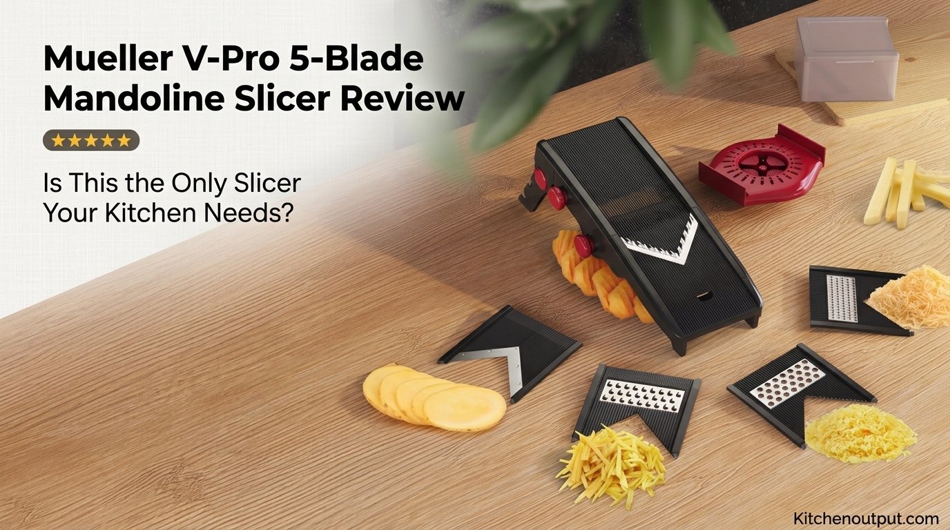 Mueller V-Pro 5-Blade Mandoline Slicer on a wooden countertop with vegetables