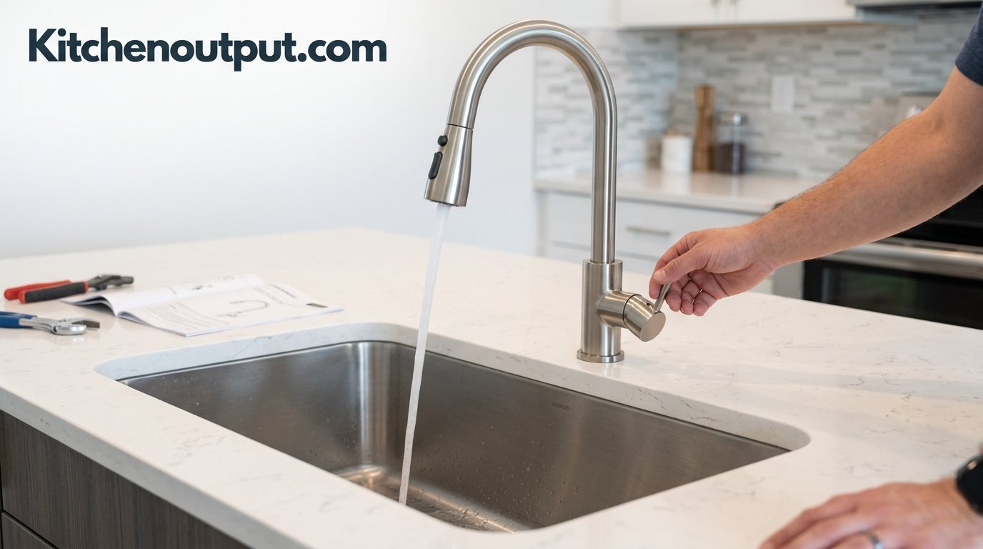 New kitchen faucet installed over a stainless steel sink