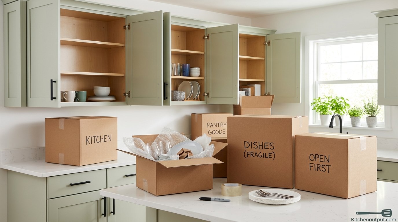 Open kitchen cabinets and moving boxes ready for packing