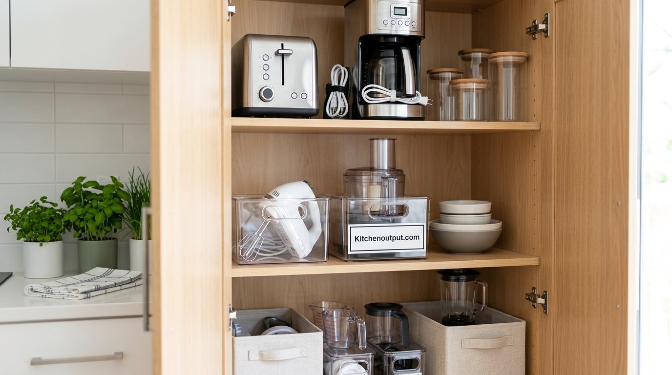 Organized kitchen cabinet with neatly stored appliances