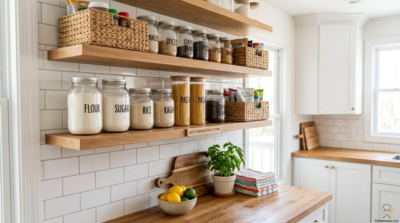 Small organized kitchen with labeled containers and open shelving