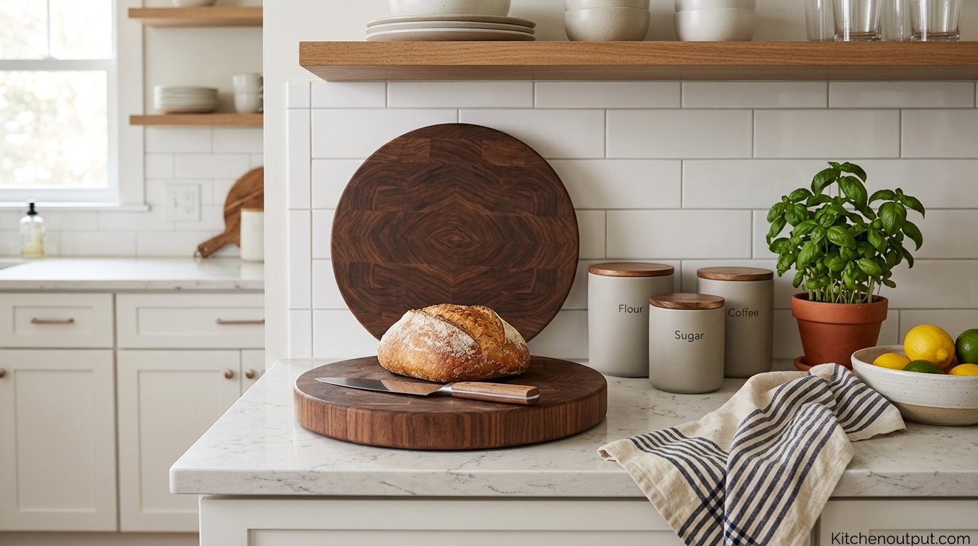 Styled kitchen counter with wood cutting board, ceramic canisters, and fresh greenery