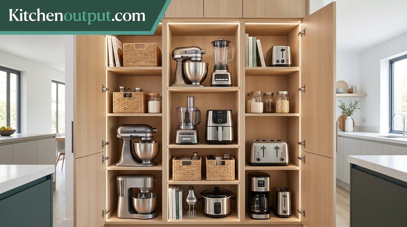 Sub hero image of stacked kitchen appliances in a pantry cabinet