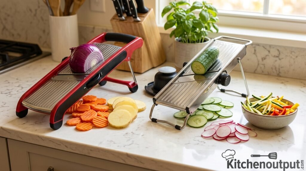 V-slicer and mandoline side by side on a kitchen counter with sliced vegetables