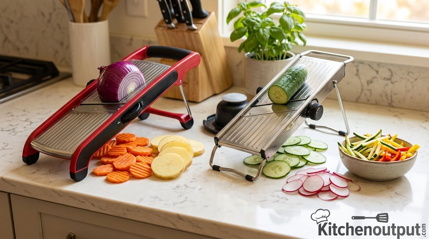 V-slicer and mandoline side by side on a kitchen counter with sliced vegetables
