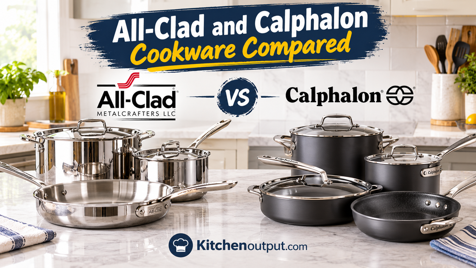 All-Clad and Calphalon cookware compared side by side on a kitchen counter