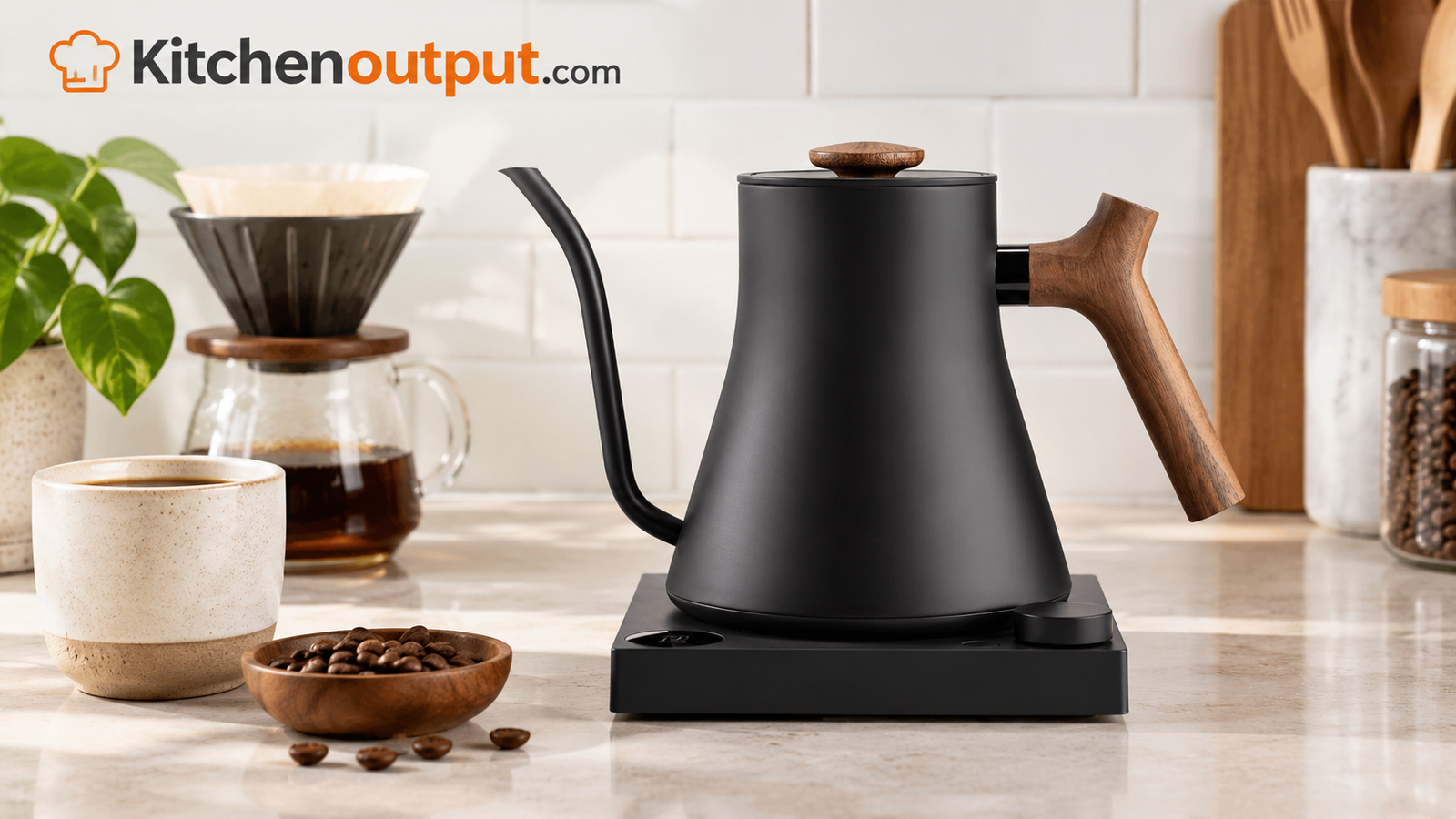 Gooseneck electric pour-over kettle on a kitchen counter