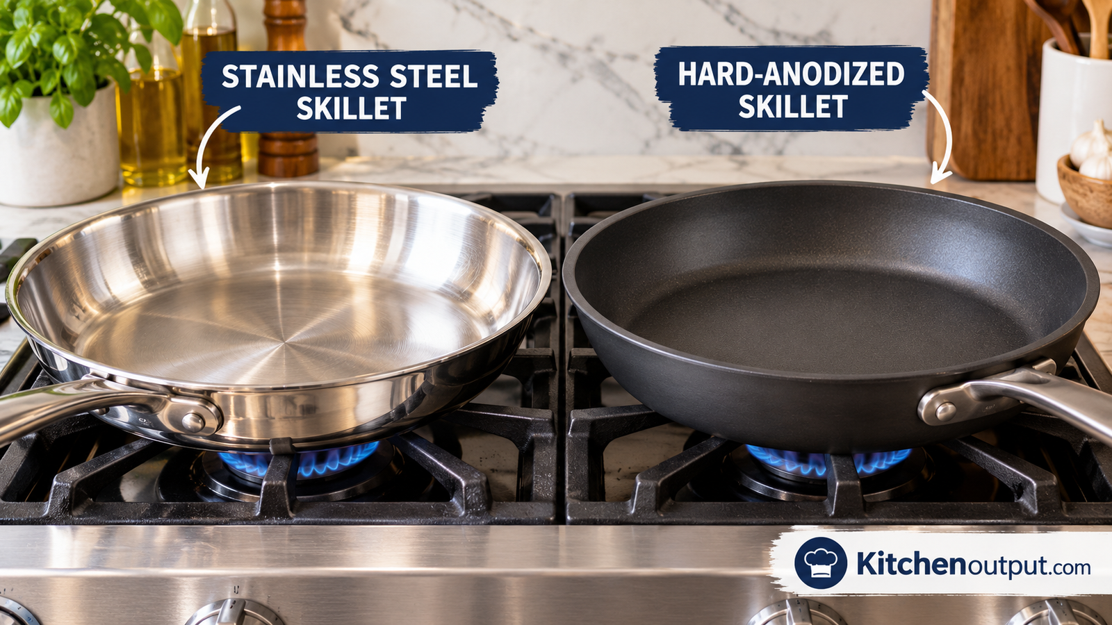 Close-up of a stainless steel skillet and a hard-anodized skillet on a gas range